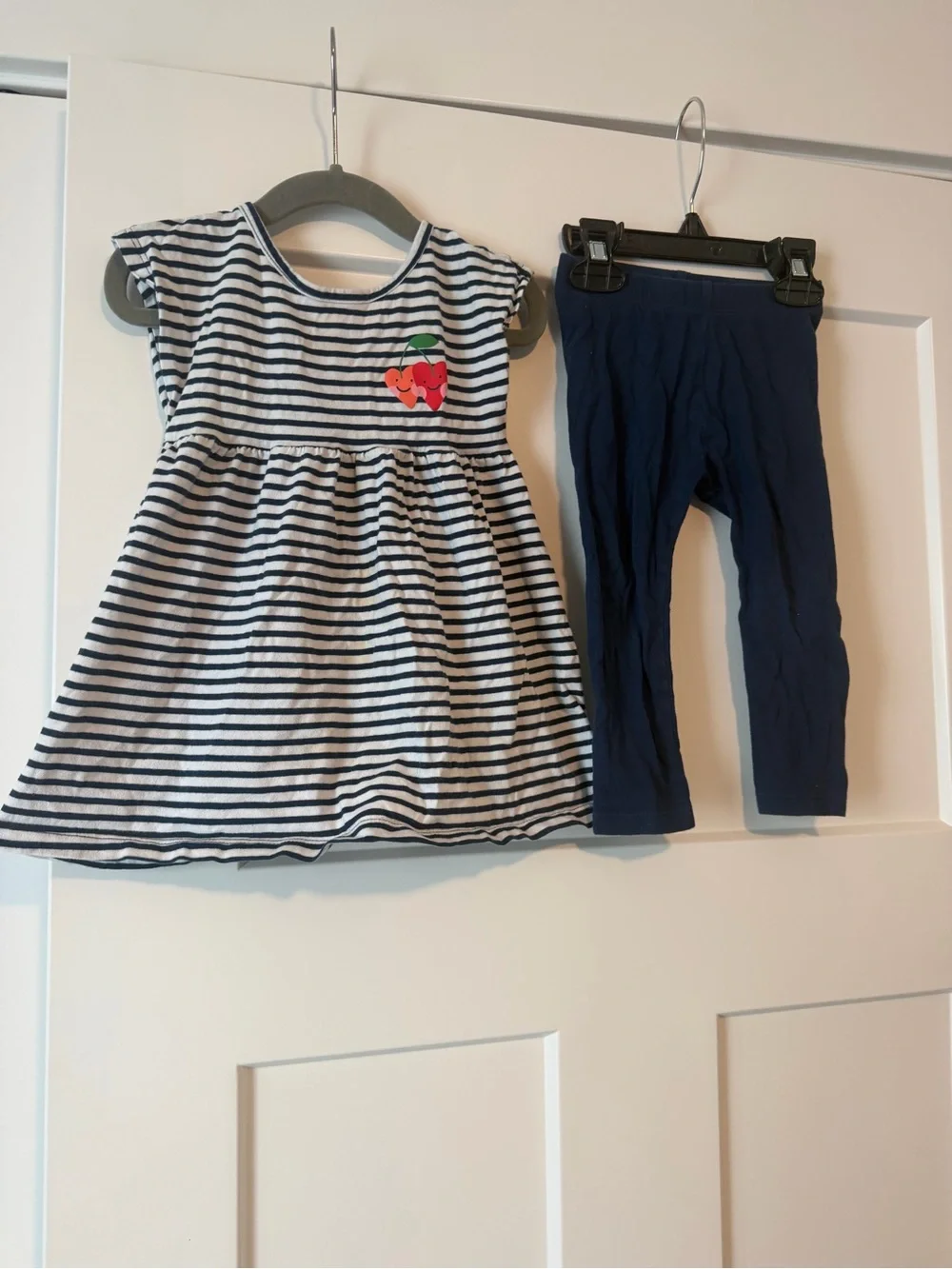 Old Navy Navy & White Striped Dress with Cherry Patch and Navy Leggings